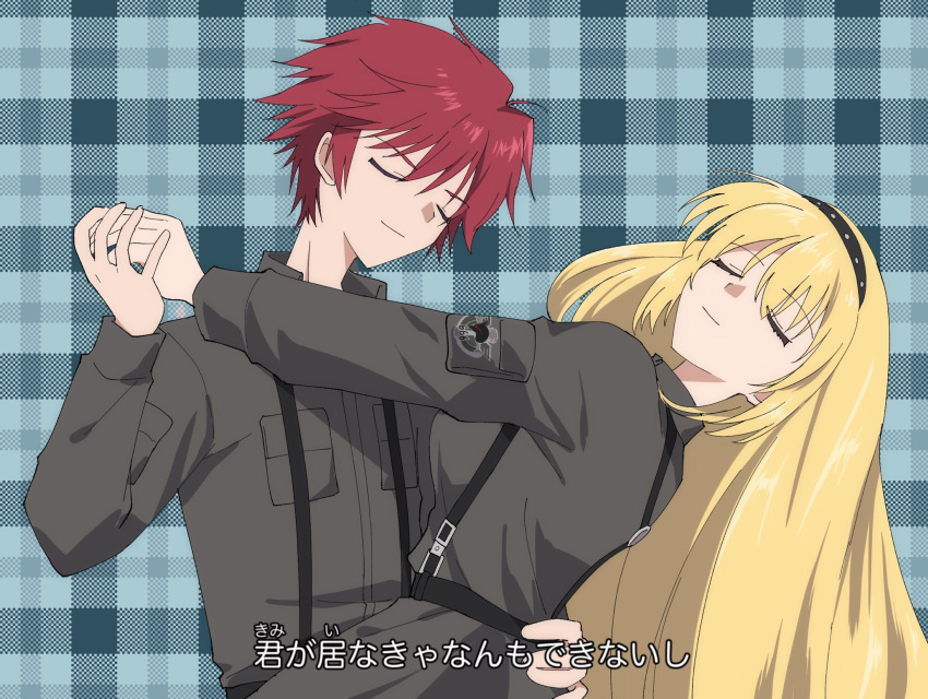 0gawa_gawa, 1boy, 1girl, blonde_hair, blue_background, closed_eyes, commentary_request, dancing, grey_jacket, highres, holding_hands, irisdina_bernhard, jacket, long_hair, mamotte_shugogetten!, military_uniform, muv-luv, muv-luv_alternative, red_hair, schwarzesmarken, short_hair, suspenders, theodor_edelbach