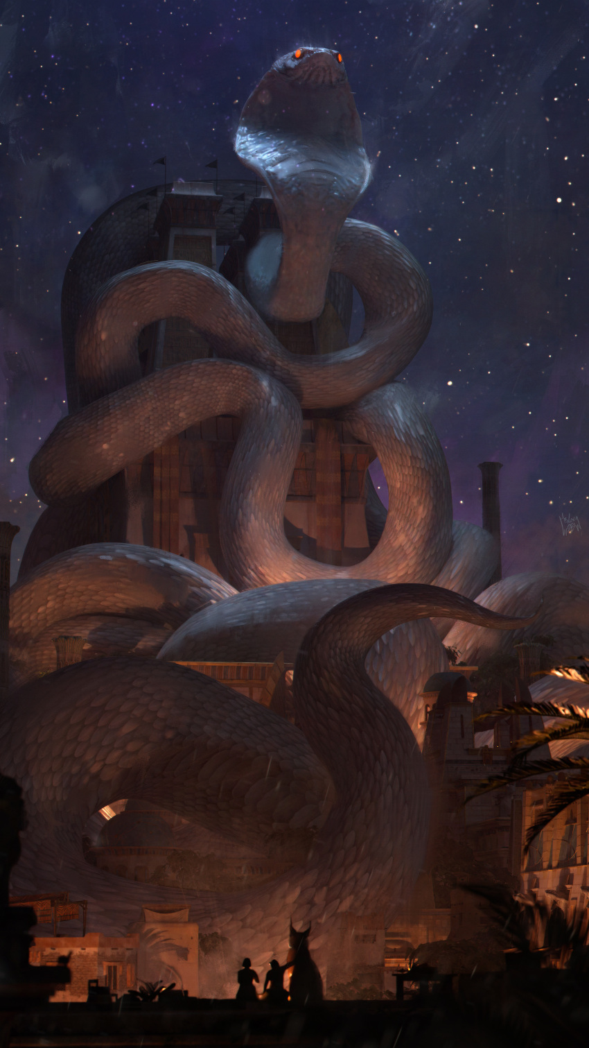 absurdres, ancient_egyptian, ancient_egyptian_architecture, animal, bobcat, commentary, english_commentary, felixriano, from_behind, giant_snake, glowing, glowing_eyes, highres, leaf, night, original, oversized_animal, painterly, people, scenery, sky, snake, star_(sky), starry_sky, statue, tower