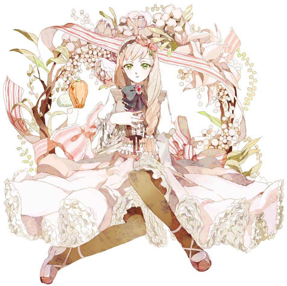 blonde_hair, blush, dress, frills, green_hair, long_hair, open_mouth, original