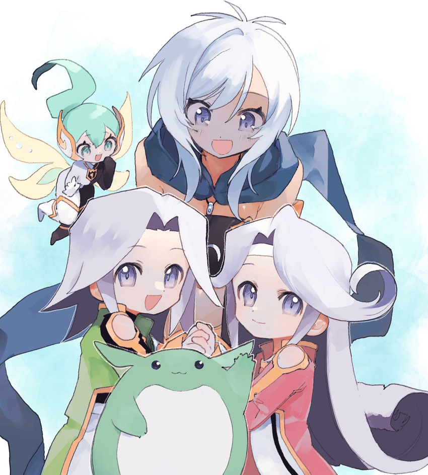 1boy, 3girls, absurdres, aqua_eyes, aqua_hair, blue_eyes, blue_scarf, bodysuit, clothing_cutout, coat, creature, dio_(tales), dress, etos_(tales), fairy, flipped_hair, green_coat, grey_hair, headband, highres, holding_hands, kururu_(tales), leaning_forward, long_hair, looking_at_another, mel_(tales), multicolored_bodysuit, multiple_girls, nancykittyu, open_mouth, pants, pink_coat, ponytail, rondoline_e._effenberg, scarf, short_hair, shoulder_cutout, simple_background, smile, tales_of_(series), tales_of_phantasia, tales_of_phantasia:_narikiri_dungeon, tales_of_phantasia:_narikiri_dungeon_x, two-tone_bodysuit, white_dress, white_hair, white_headband, white_pants
