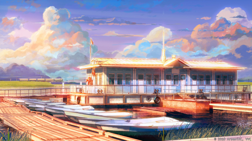 boat, building, cloud, clouds, collaboration, grass, no_humans, original