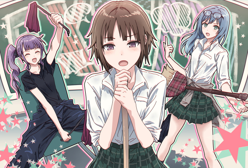 3girls, :d, ^_^, asahi_rokka, bang_dream!, bang_dream!_girls_band_party!, black_shirt, blue_hair