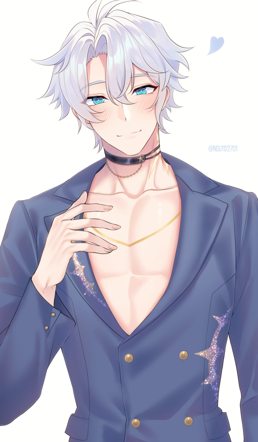 1boy, absurdres, ahoge, alternate_costume, black_choker, blue_eyes, blue_shirt, choker, commentary, gold_tattoo, heart, highres, honkai:_star_rail, honkai_(series), looking_at_viewer, male_focus, neck_tattoo, nsu1122701, open_clothes, open_shirt, pectorals, phainon_(honkai:_star_rail), shirt, short_hair, simple_background, smile, solo, symbol-only_commentary, tattoo, white_background, white_hair