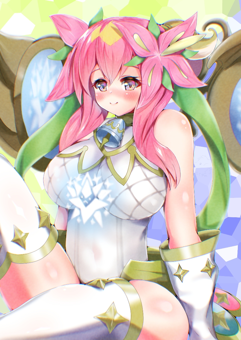 1girl, blonde_hair, blush, breasts, closed_mouth, covered_navel, duel_masters, elbow_gloves, flower, gloves, gold_trim, green_hair_ornament, hair_flower, hair_ornament, high_ponytail, konagiyume, large_breasts, leotard, long_hair, magic_circle, multicolored_hair, pink_hair, ponytail, rafululu_love_(duel_masters), short_ponytail, sidelocks, solo, thigh-highs, white_gloves, white_leotard, white_thighhighs