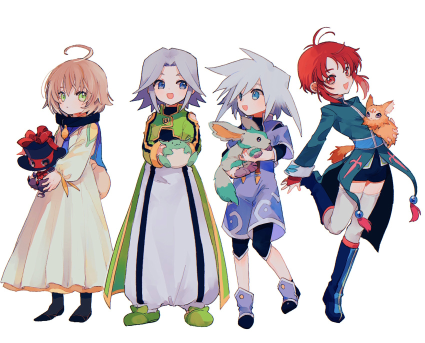 4boys, absurdres, ahoge, bienfu_(tales), black_hat, black_shirt, blonde_hair, blue_boots