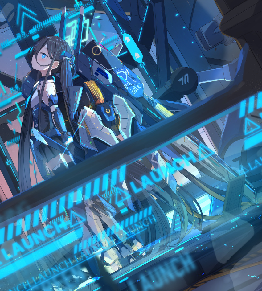 1girl, absurdres, aris_(armed)_(blue_archive), aris_(blue_archive), bare_shoulders, black_hair, blue_archive, blue_eyes