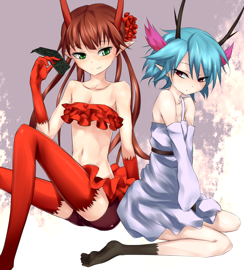 bare_shoulders, bike_shorts, blue_hair, bob_cut, c_(control), c_the_money_of_soul_and_possibility_control, dress, duo