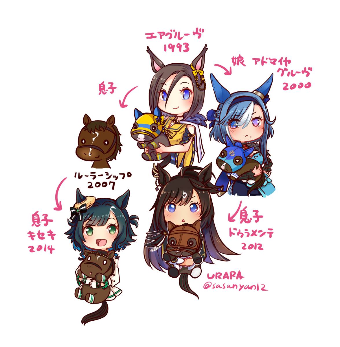 admire_groove_(umamusume), ahoge, air_groove_(empress_road)_(umamusume), air_groove_(umamusume), animal_ears, black_hair, blue_eyes, blue_hair