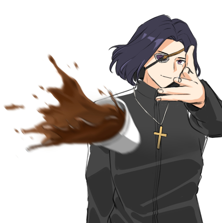 1boy, black_hair, blurry, coffee, cross, cross_necklace, cup, disposable_coffee_cup
