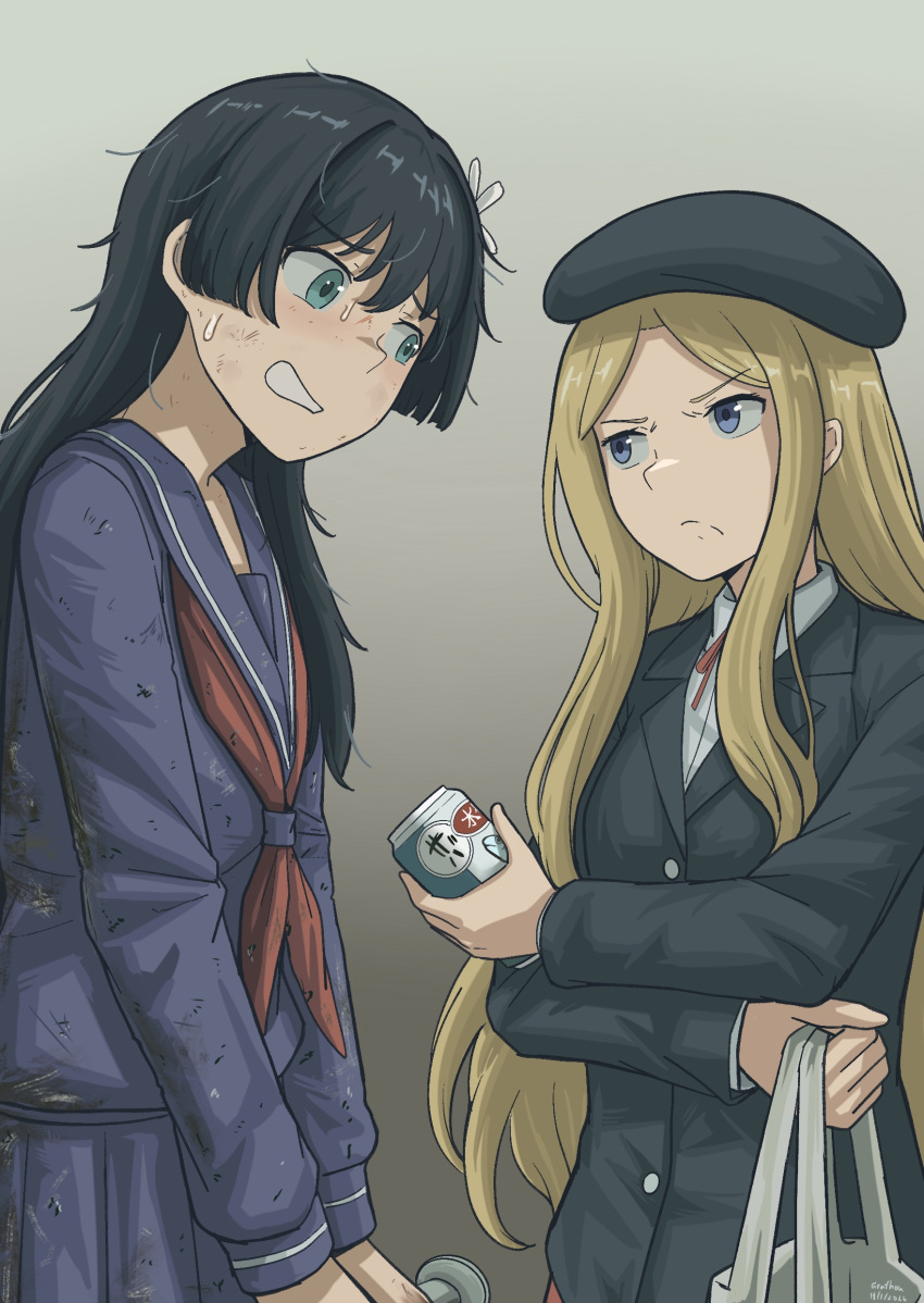 2girls, absurdres, bag, beret, black_hair, black_jacket, blazer, blonde_hair, blue_eyes, blue_jacket, blue_sailor_collar, blue_skirt, can, canned_food, collared_shirt, commentary, disheveled, english_commentary, flower, frenda_seivelun, frown, grafhou, grocery_bag, hair_flower, hair_ornament, hat, highres, jacket, long_hair, messy_hair, multiple_girls, neckerchief, nervous_smile, pleated_skirt, red_neckerchief, sailor_collar, sakugawa_school_uniform, saten_ruiko, school_uniform, serafuku, shirt, shopping_bag, simple_background, skirt, smile, toaru_kagaku_no_railgun, toaru_kagaku_no_railgun_s, toaru_majutsu_no_index, white_shirt