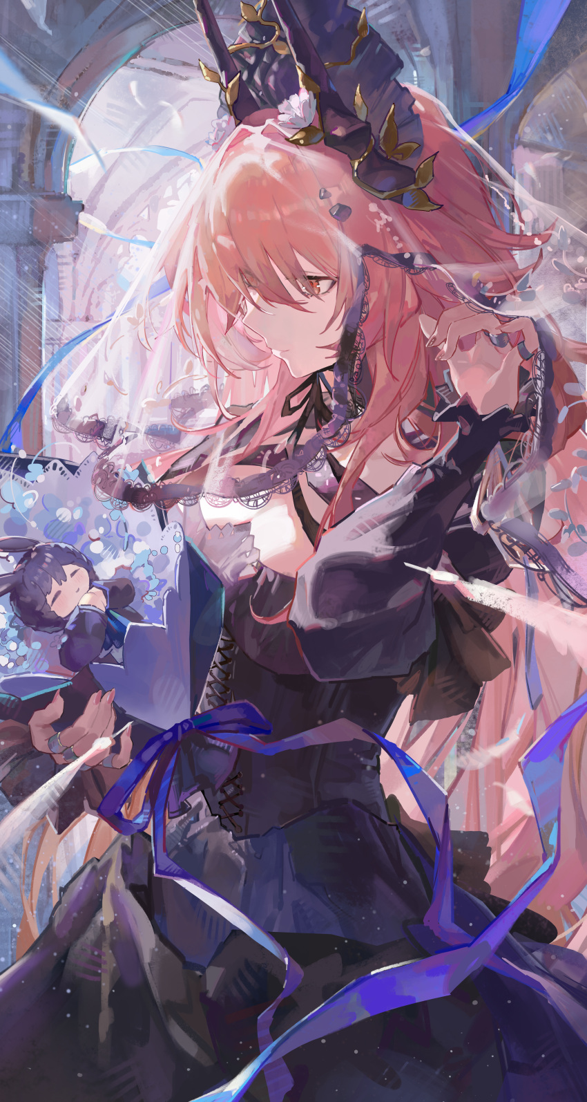1girl, absurdres, amiya_(arknights), arch, arknights, black_corset, black_dress, black_headdress