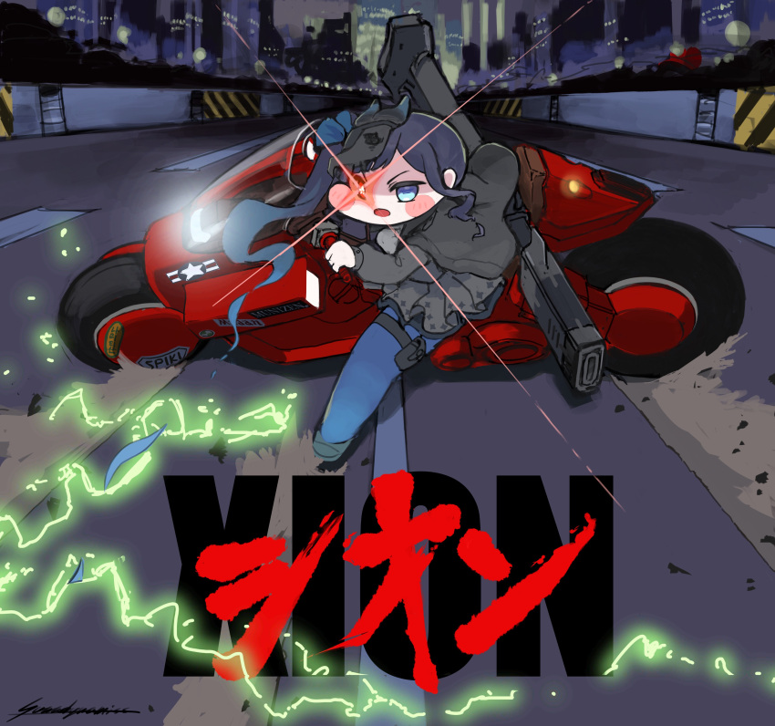1girl, absurdres, akira_(manga), black_dress, black_mask, blue_eyes, blue_hair, blue_pantyhose, chuunibyou, commentary, dress, driving, gun, heterochromia, highres, long_hair, motor_vehicle, motorcycle, night, open_mouth, pantyhose, parody, red_eyes, rifle, road, skull_on_head, sniper_rifle, street, trickcal, weapon, x_sd_artech_x, xion_(trickcal)