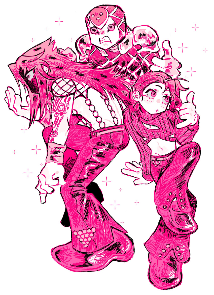 1other, 2boys, absurdres, argyle_skin, arm_tattoo, bell-bottoms, clothing_cutout, crop_top