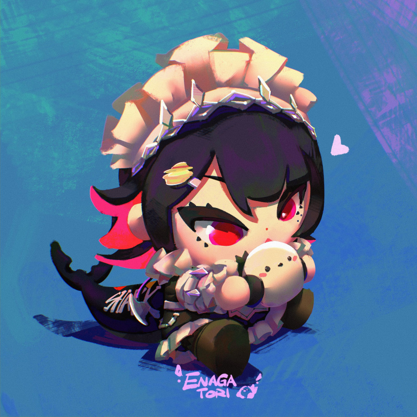 1girl, absurdres, black_hair, blue_background, chibi, colored_inner_hair, doll, ellen_joe, enagatori_38, fins, fish_tail, full_body, hair_ornament, hashtag-only_commentary, heart, highres, holding, maid, maid_headdress, mole, mole_under_eye, multicolored_hair, red_eyes, red_hair, shark_tail, sitting, solo, tail, zenless_zone_zero