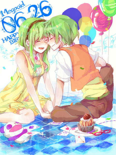green_hair, gumi, gumiya, happy_birthday, juu_mensou_(vocaloid), shirozatou, short_hair, smile