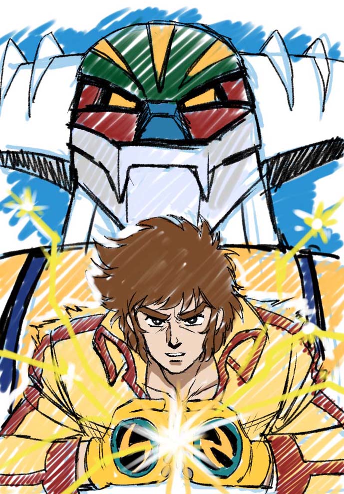 1970s_(style), black_eyes, jewelry, koutetsu_jeeg, koutetsu_jeeg_(mecha), mature_male, mecha, medium_hair