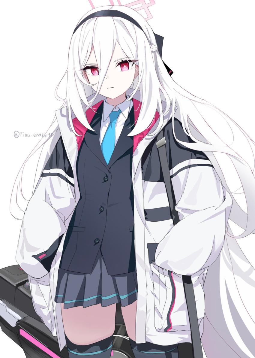 1girl, black_hairband, black_jacket, black_skirt, black_thighhighs, blazer, blue_archive, blue_necktie, candy_moon777, closed_mouth, collared_shirt, commentary_request, hair_between_eyes, hairband, halo, hands_in_pockets, highres, jacket, kei_(blue_archive), kei_(new_body)_(blue_archive), long_hair, long_sleeves, miniskirt, necktie, pink_eyes, pink_halo, pleated_skirt, puffy_long_sleeves, puffy_sleeves, school_uniform, shirt, simple_background, skirt, solo, thigh-highs, very_long_hair, white_background, white_hair, white_jacket, white_shirt