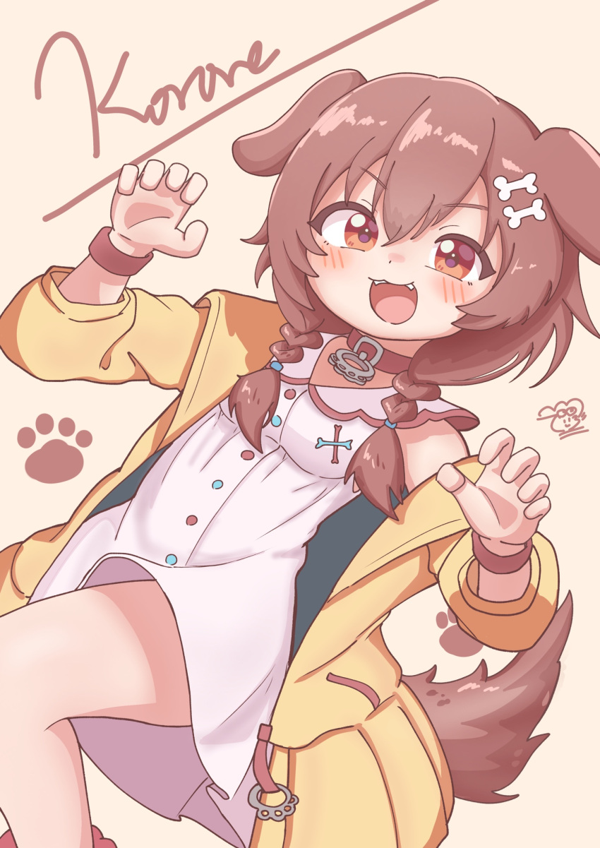 1girl, :3, animal_collar, animal_ears, artist_logo, blush, bone_hair_ornament, bone_ornament, brown_background, brown_eyes, brown_hair, character_name, claw_pose, collar, derorean1212, dog_ears, dog_girl, dog_tail, double-parted_bangs, dress, dutch_angle, fangs, feet_out_of_frame, hair_between_eyes, hair_ornament, hashtag-only_commentary, highres, hololive, inugami_korone, inugami_korone_(1st_costume), jacket, logo, long_hair, long_sleeves, open_mouth, paw_print, red_collar, red_socks, red_trim, red_wrist_cuffs, short_hair, simple_background, smile, socks, solo, tail, v-shaped_eyebrows, virtual_youtuber, white_dress, wrist_cuffs, yellow_jacket