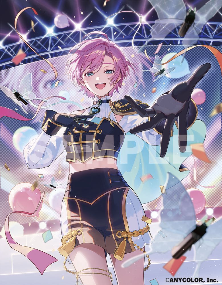 1girl, :d, ahoge, black_gloves, blue_eyes, commentary_request, company_name, confetti