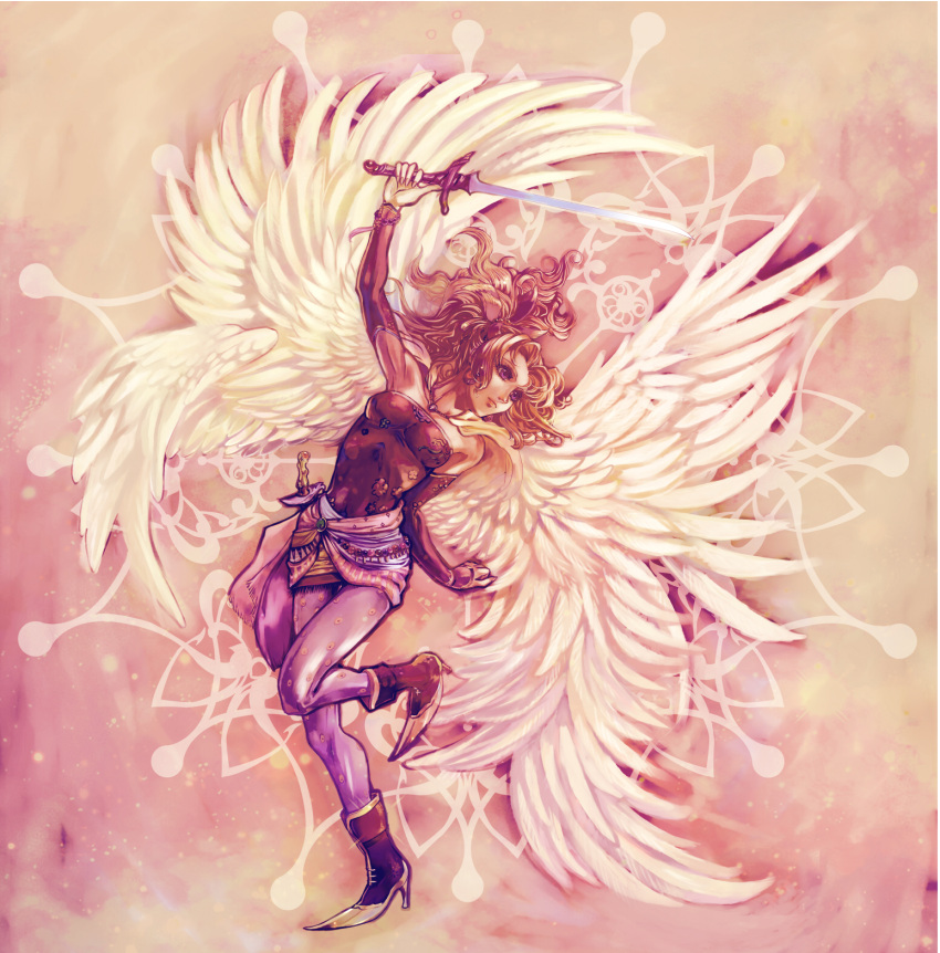 bare_shoulders, blonde_hair, cape, detached_sleeves, earrings, final_fantasy, final_fantasy_vi, hair_ornament, highres, jewelry, long_hair, pantyhose, ponytail, purple_eyes, sash, scarf, solo, sword, tina_branford, violet_eyes, wataame, wavy_hair, weapon, wings