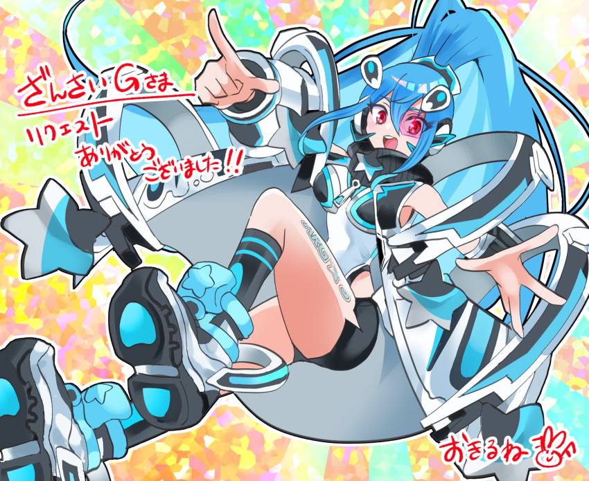 1girl, argostars_-_glorious_adra, bare_shoulders, black_shorts, blue_hair, breasts, commentary_request, commission