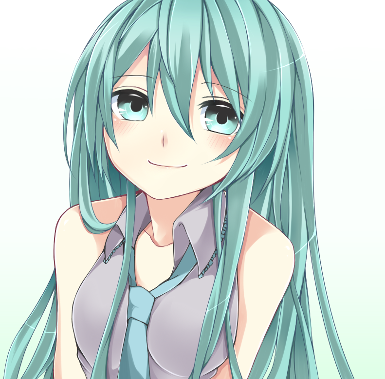 alternate_hairstyle, aqua_eyes, aqua_hair, blush, bust, face, hair_down, hatsune_miku