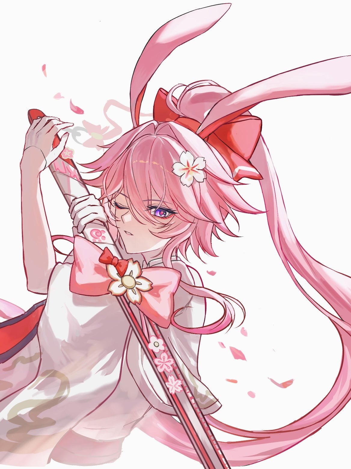 1girl, animal_ears, bow, commentary_request, evanescia_(honkai:_star_rail), eyeliner, flower, hair_between_eyes
