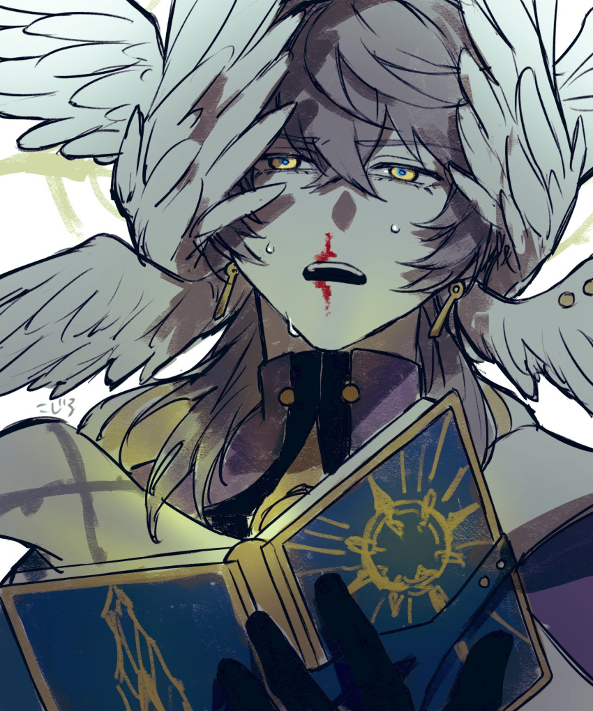 1boy, blood, blue_hair, book, commentary_request, earrings, gloves, glowing