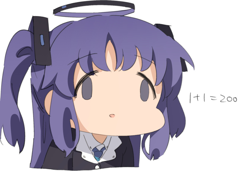1girl, :o, bad_math, black_jacket, blank_eyes, blue_archive, blue_necktie, commentary, cropped_torso, csham, deformed, english_commentary, hair_between_eyes, halo, highres, jacket, lapels, long_hair, necktie, notched_lapels, open_mouth, purple_hair, shirt, sidelocks, solo, suit_jacket, two-sided_fabric, two-sided_jacket, two_side_up, violet_eyes, white_background, white_jacket, white_shirt, yuuka_(blue_archive)