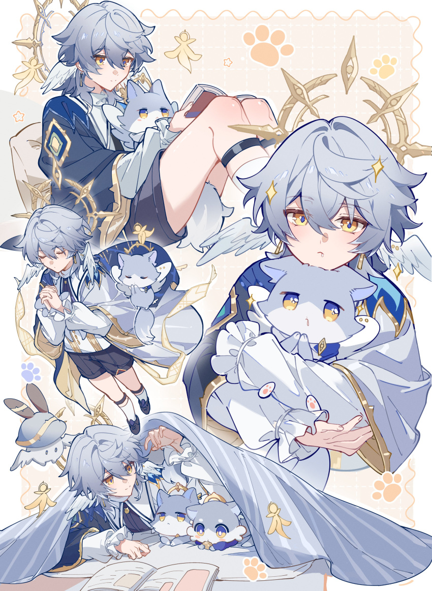 1boy, absurdres, alternate_costume, animalization, blue_hair, book, cat, chimera_(honkai:_star_rail), chinese_commentary, closed_eyes, coat, commentary_request, earrings, fluffy_tail, halo, halo_behind_head, head_wings, highres, holding, honkai:_star_rail, honkai_(series), jewelry, lizi_cai, long_sleeves, medium_hair, own_hands_together, paw_print, puffy_long_sleeves, puffy_sleeves, shorts, sparkle, sunday_(honkai:_star_rail), under_covers, wings, yellow_eyes