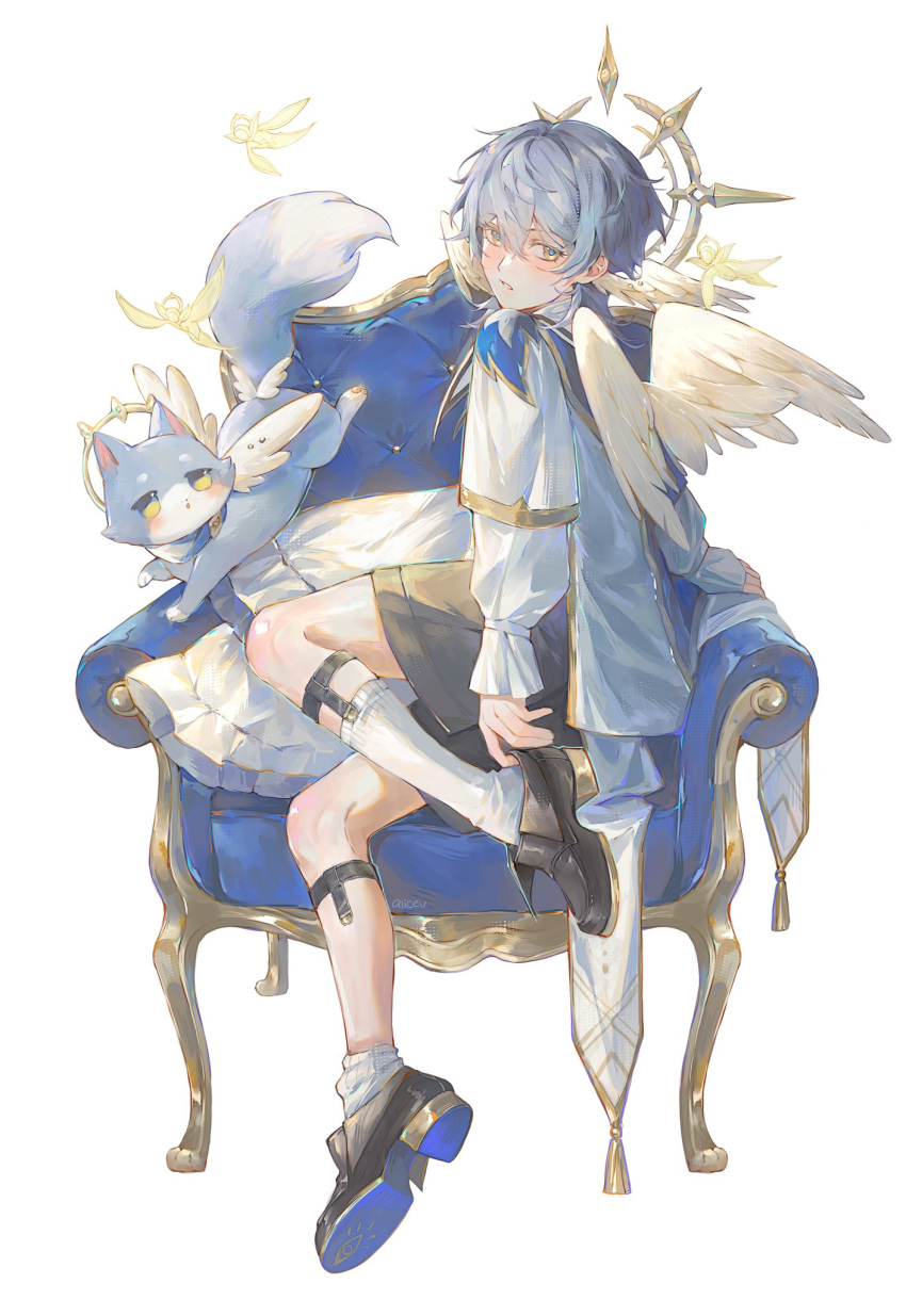 1boy, alicevseliet, alternate_costume, animalization, blue_hair, cat, couch, feathered_wings
