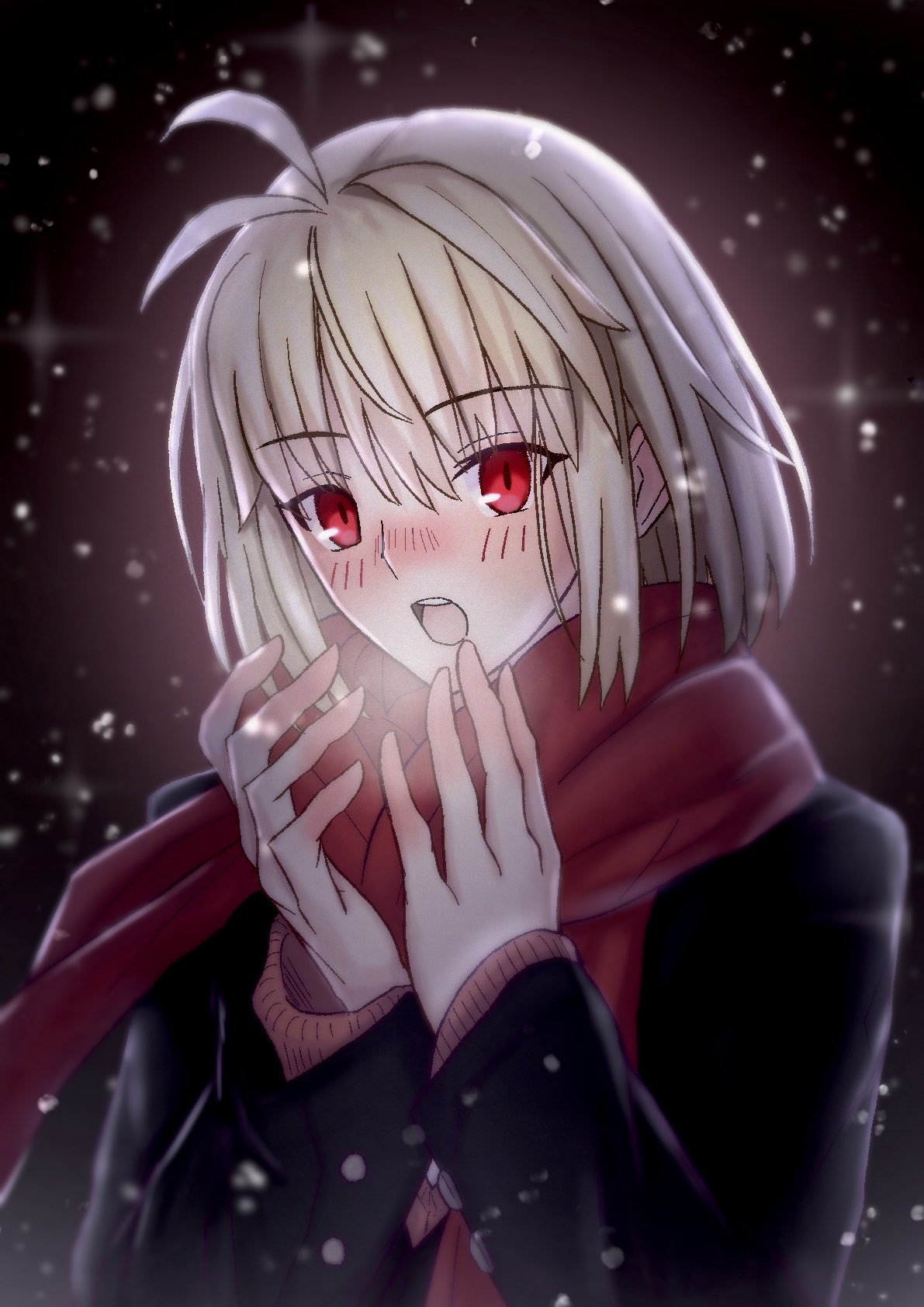 1girl, arcueid_brunestud, black_jacket, blonde_hair, blush, breath, commentary_request, highres
