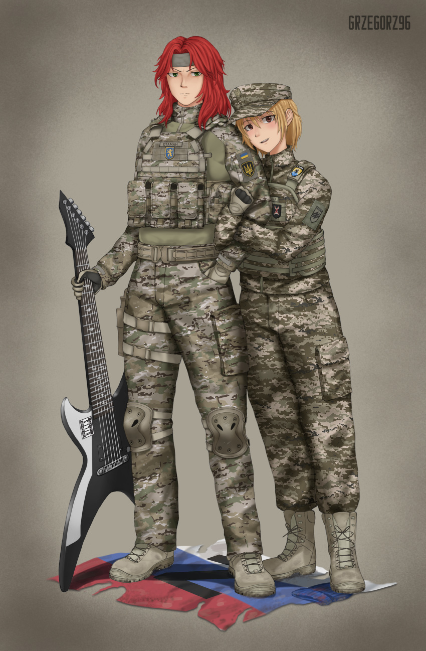 1boy, 1girl, a_song_of_ice_and_fire, absurdres, arm_hug, azov_battalion, beanie, blonde_hair