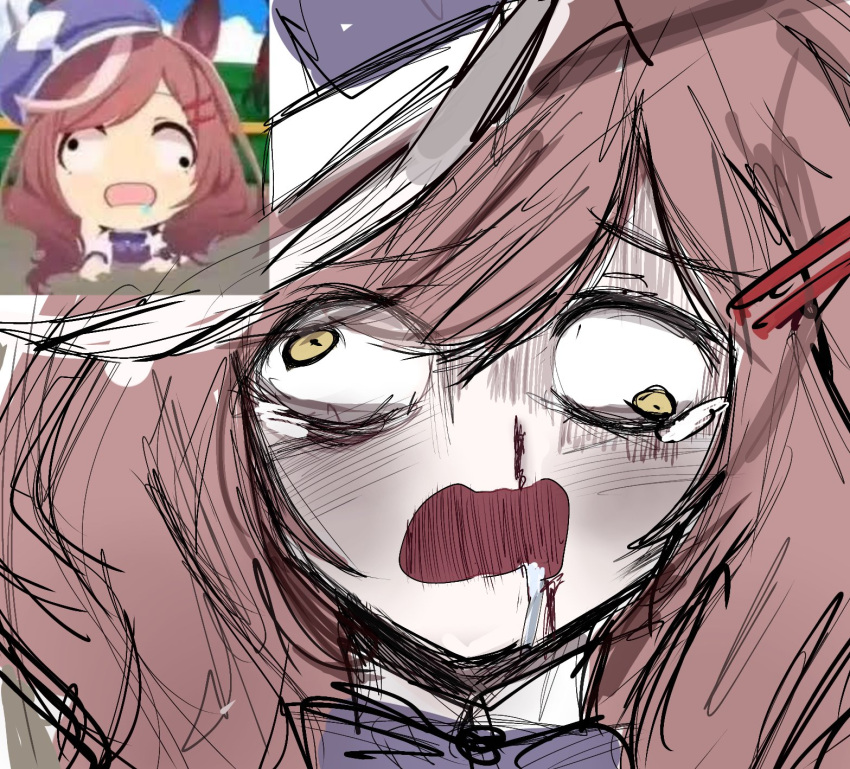 1girl, :o, blood, brown_hair, chibi, drooling, game_screenshot_inset, hair_ornament