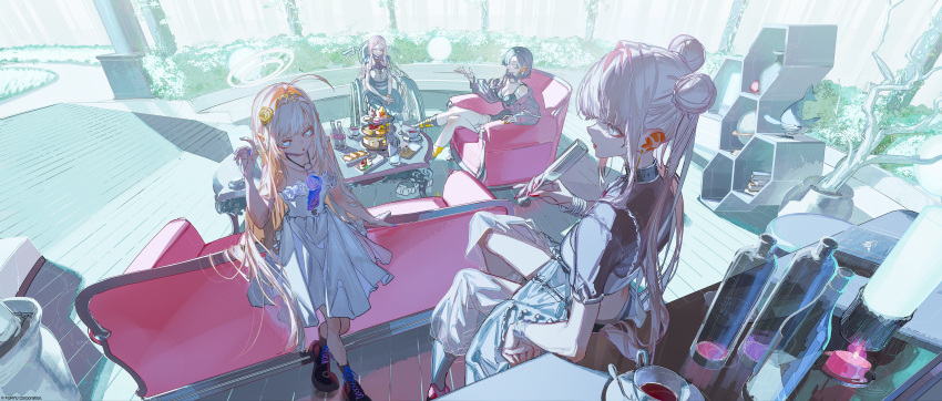 4girls, ahoge, ami_shido_(crymachina), bare_arms, bare_legs, bare_shoulders, black_hair, black_shirt