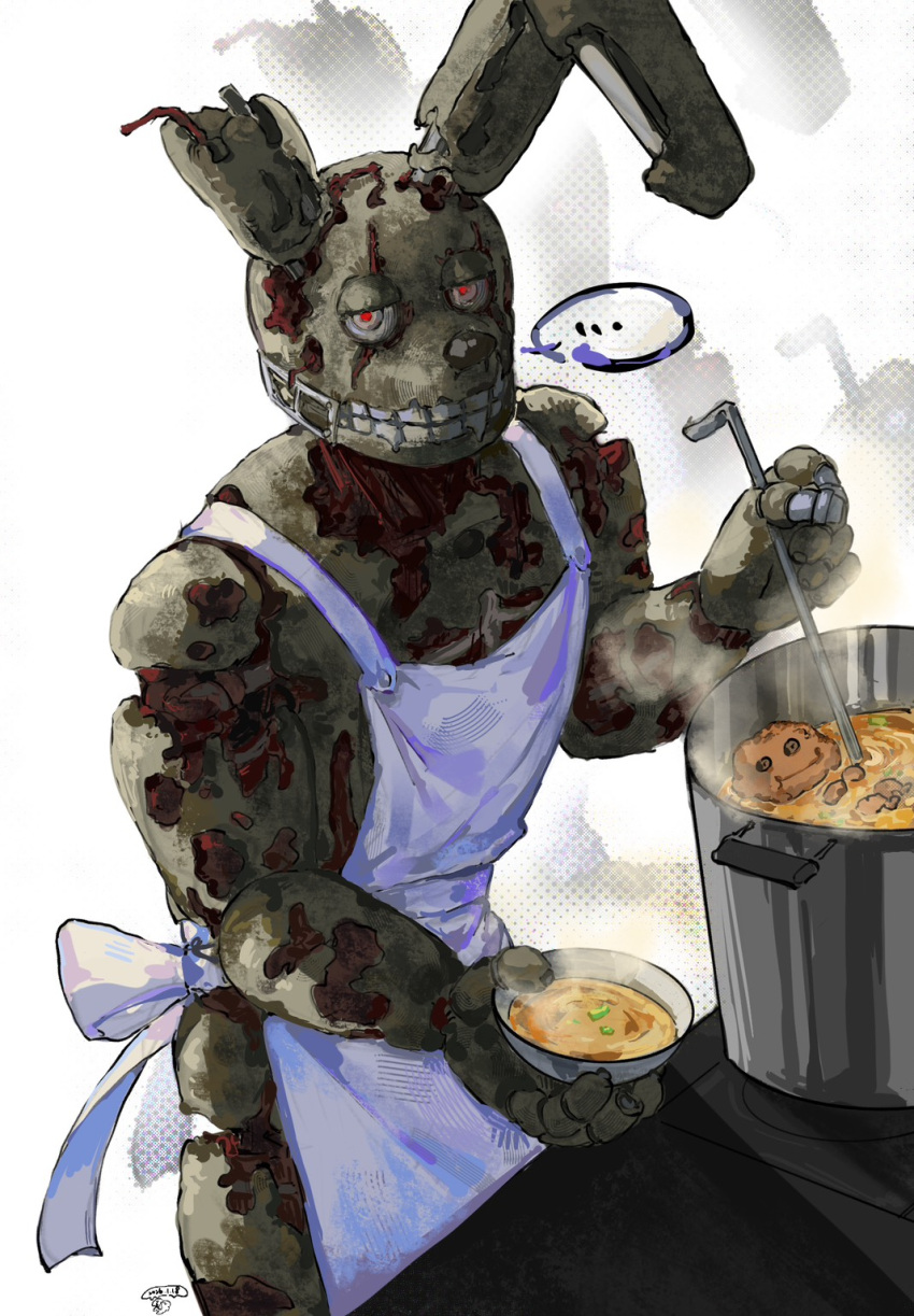 ..., 1boy, animal_ears, animatronic, apron, bow, bowl, cooking, cooking_pot, eva0951120, five_nights_at_freddy's, five_nights_at_freddy's_3, food, highres, holding, holding_bowl, holding_ladle, ladle, rabbit_ears, red_pupils, springtrap, stew, stove, white_apron, white_background, white_bow