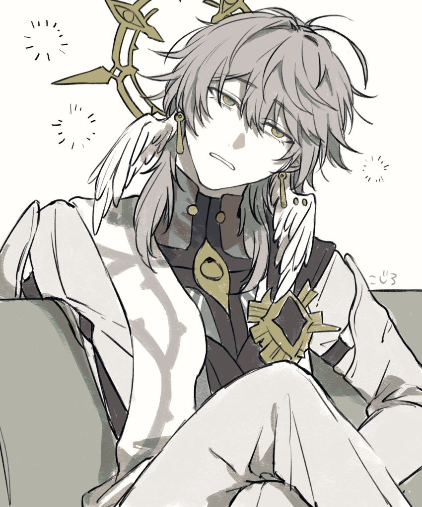 1boy, antenna_hair, badge, blue_hair, commentary_request, crossed_legs, earrings, halo