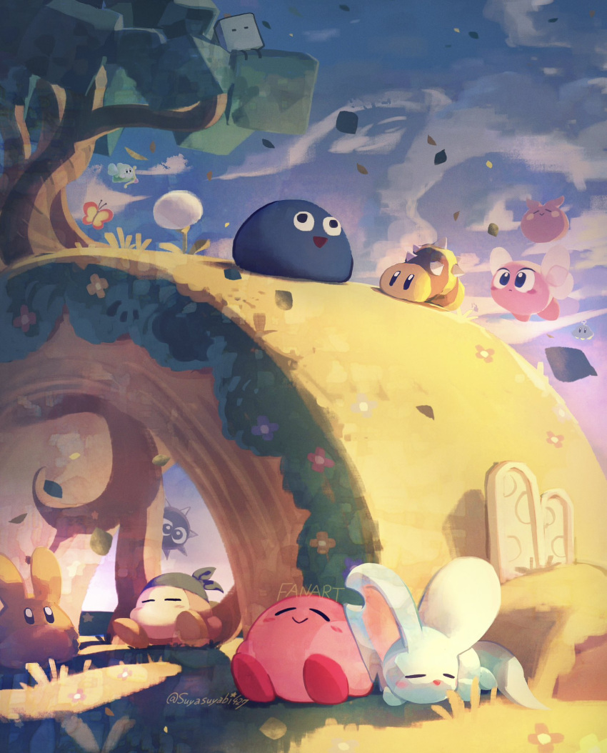 ^_^, bandana, bandana_waddle_dee, blue_sky, blush, blush_stickers, bourbon_(kirby), bow_(weapon)