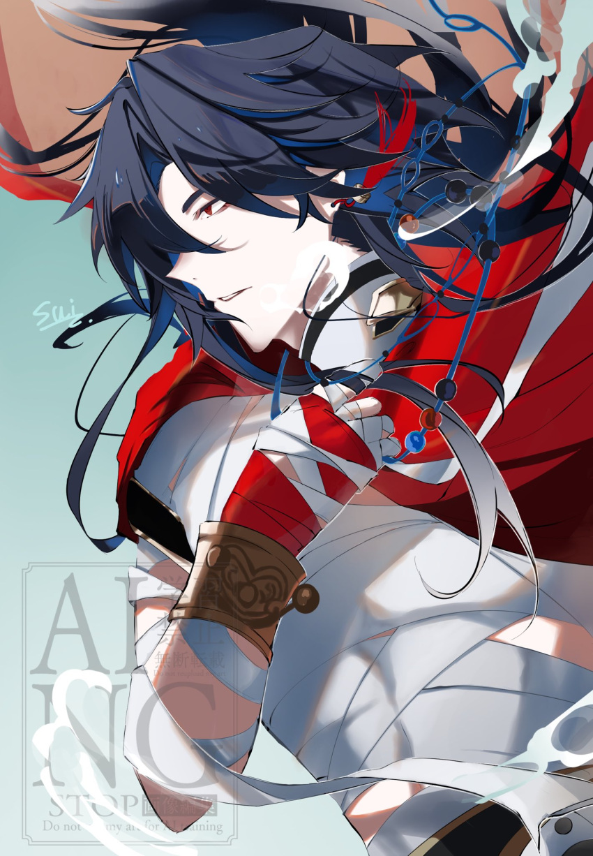1boy, bandages, beads, black_hair, blade_(elation)_(honkai:_star_rail), blade_(honkai:_star_rail), blue_hair, bracelet