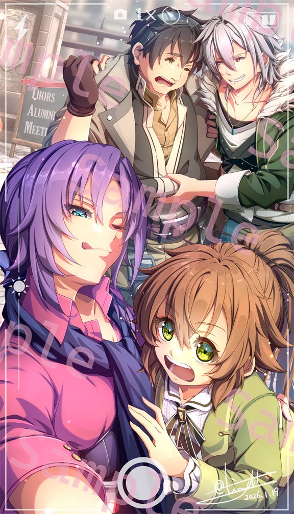 2boys, 2girls, angelica_rogner, artist_name, black_hair, brown_hair, coat, commentary_request