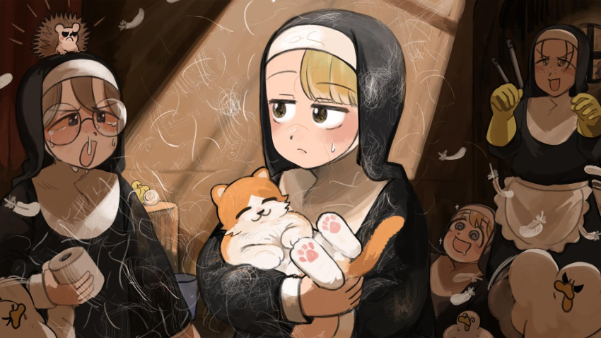 4girls, :d, :o, @_@, allergy, apron, baby_animal, bird