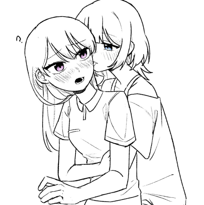 2girls, ?, baiyupiao, bang_dream!, bang_dream!_it's_mygo!!!!!, blue_eyes, blush, chinese_commentary