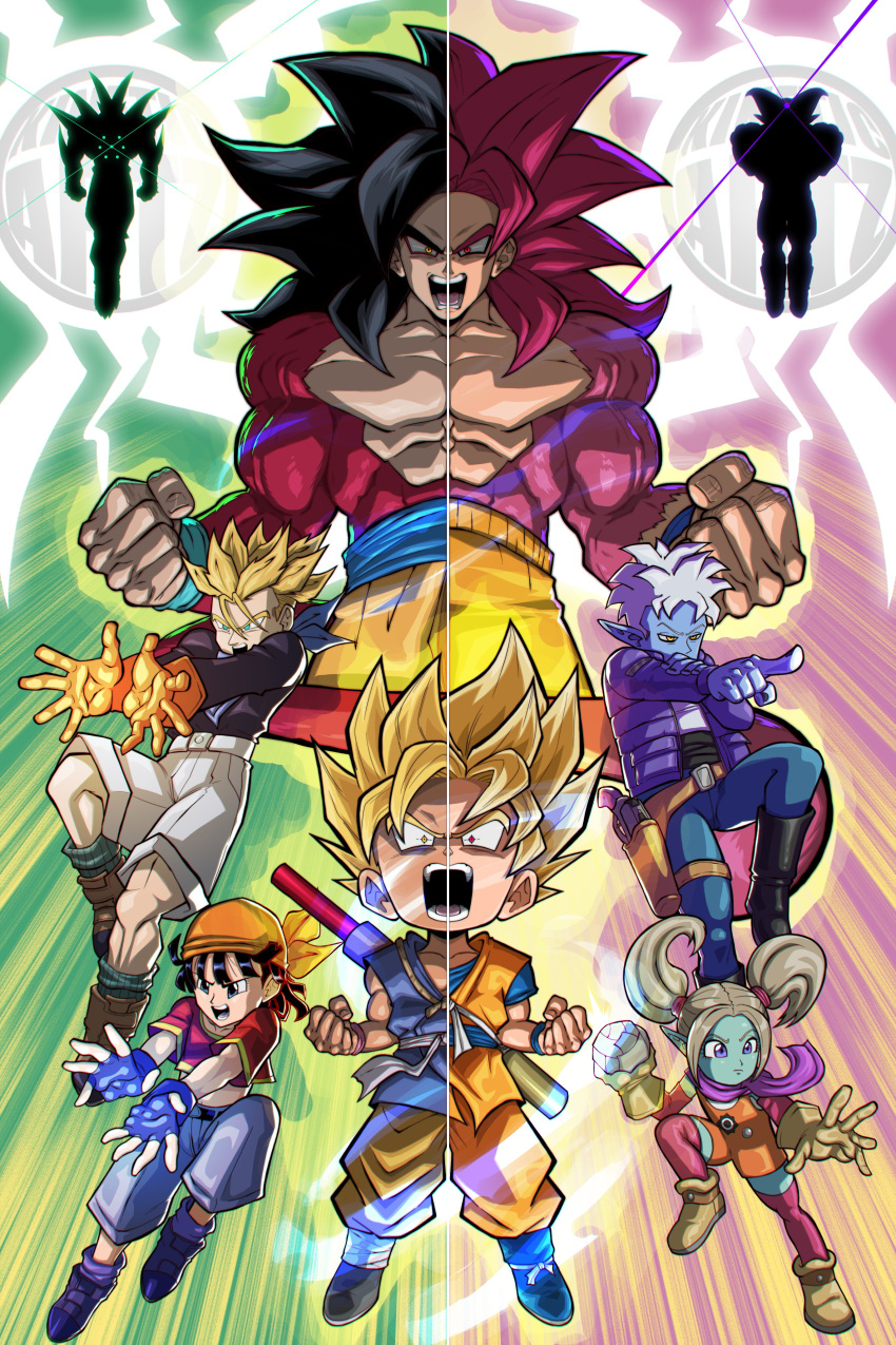 absurdres, bandana, belt, black_hair, blonde_hair, blue_skin, brown_hair, colored_skin, crossover, dragon_ball, dragon_ball_daima, dragon_ball_gt, glorio_(dragon_ball), gloves, gomah_(dragon_ball), green_background, green_skin, highres, kineticartz, long_hair, omega_shenron, open_mouth, pan_(dragon_ball), pansy_(dragon_ball_daima), pointing, pointy_ears, red_background, red_fur, red_hair, side-by-side, silhouette, son_goku, sparkle, sparkling_aura, super_saiyan, super_saiyan_4, trunks_(dragon_ball), twintails, white_hair