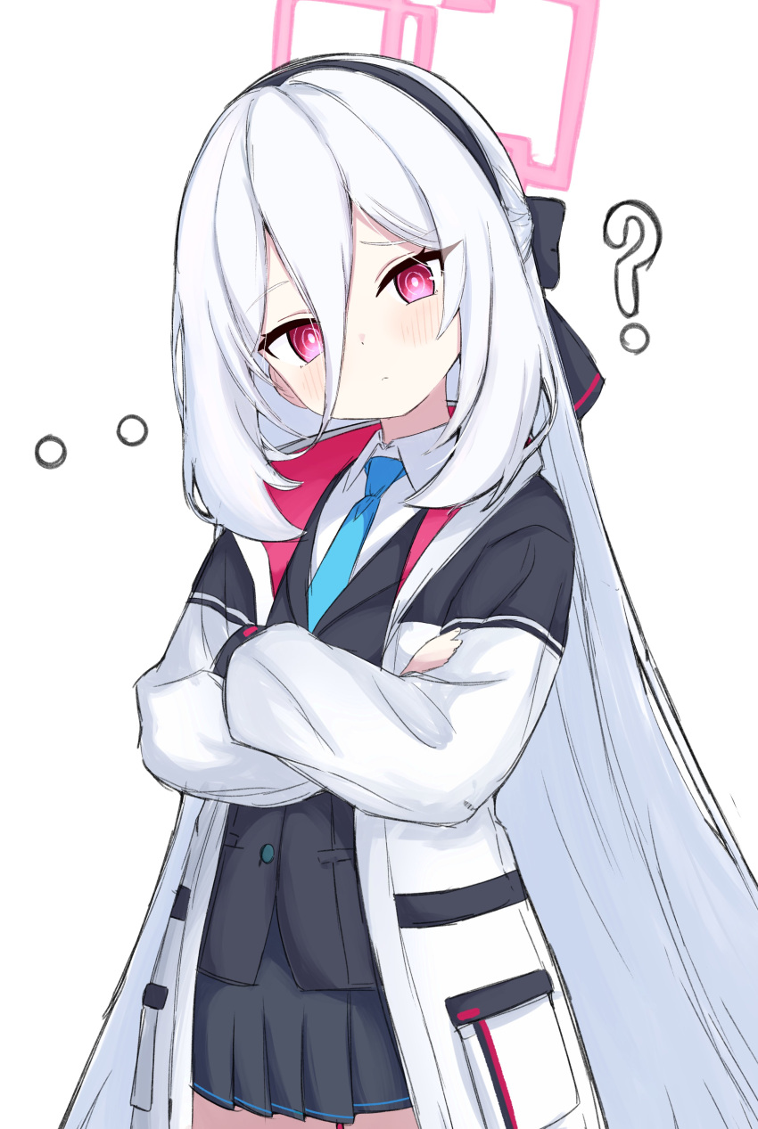 ...?, 1girl, absurdres, black_bow, black_hairband, black_vest, blue_archive, blue_necktie
