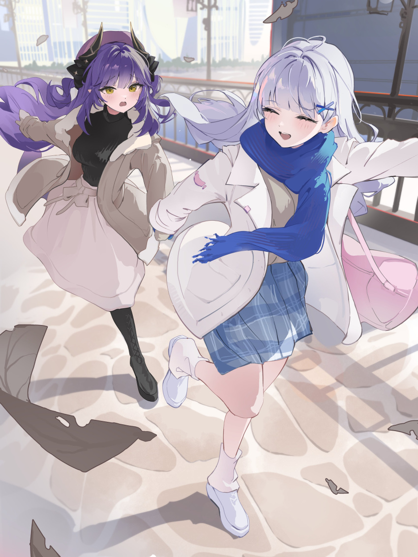 2girls, absurdres, ayatsuno_yuni, beret, black_boots, black_horns, black_sweater, blue_mittens