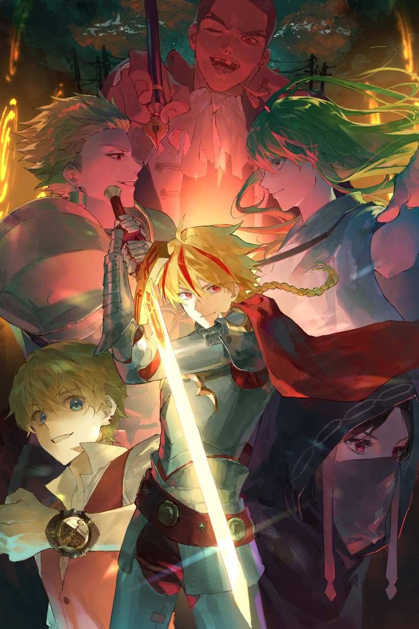 1girl, 1other, 4boys, absurdres, ahoge, alexandre_dumas_(fate), androgynous, armor