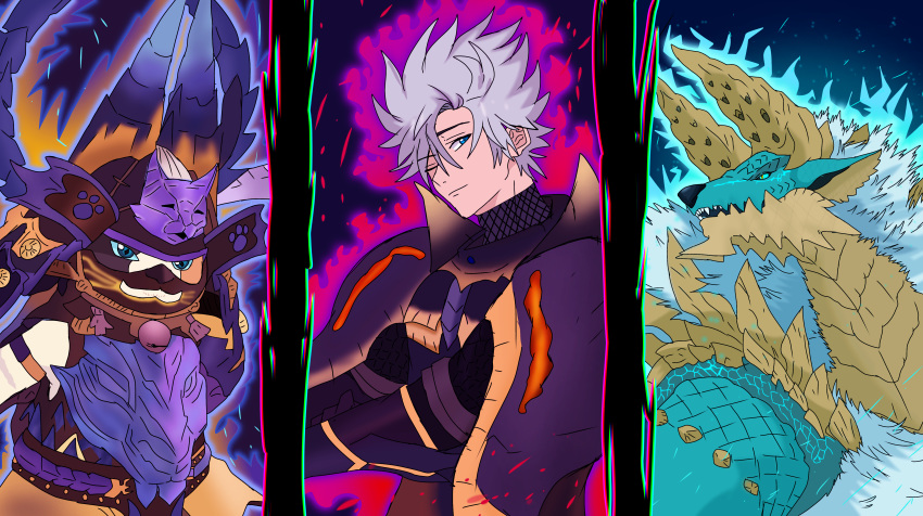 120_of_their_potential_(meme), absurdres, felyne, highres, lavasioth_(armor), meme, monster_hunter:_world, monster_hunter_(character), monster_hunter_(series), non-web_source, rey_dau_(armor), zinogre