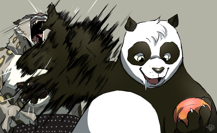 2boys, afterimage, fighting, food, highres, hitting, kung_fu_panda, male_focus