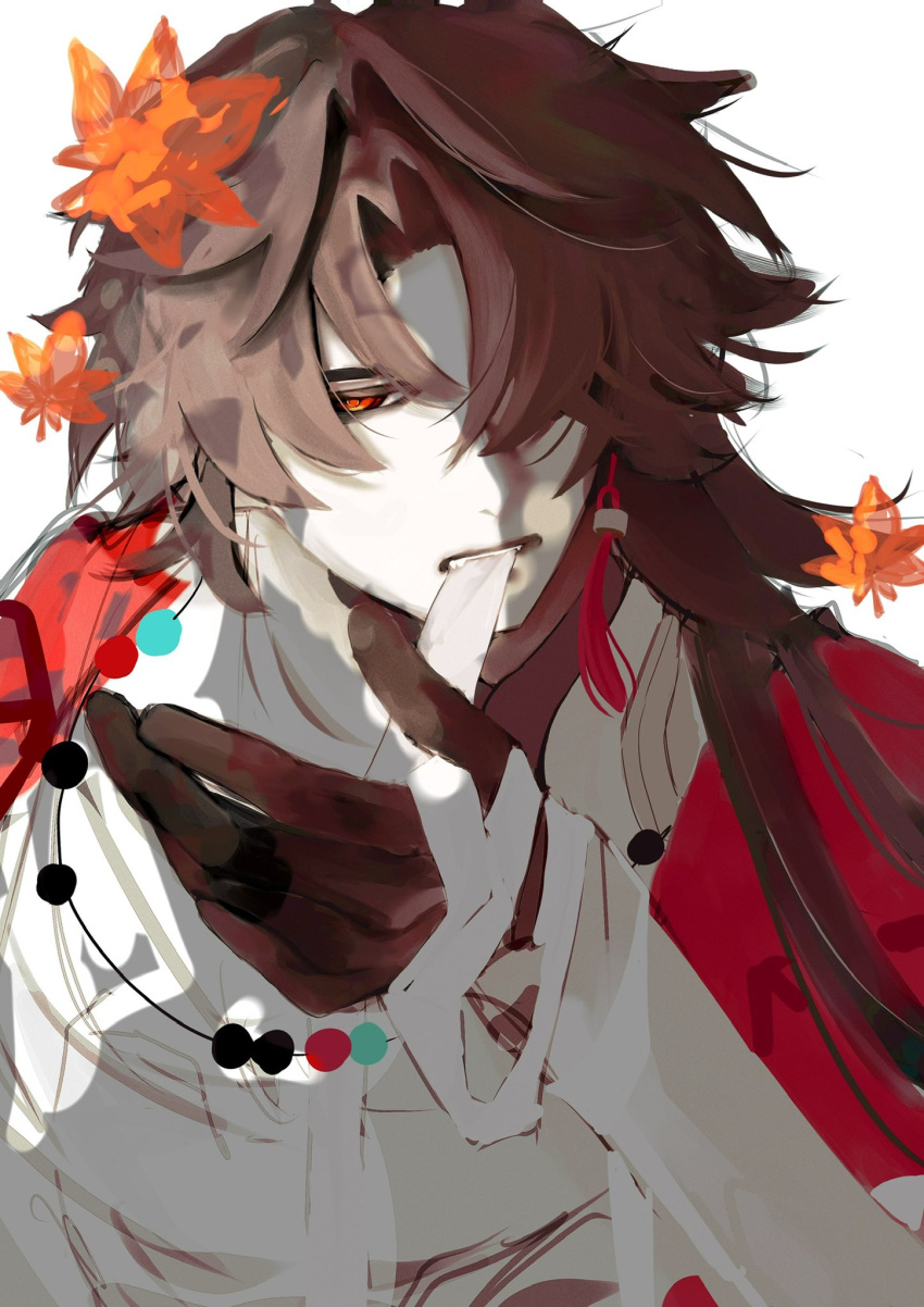 1boy, bandages, beads, biting, black_hair, blade_(elation)_(honkai:_star_rail), blade_(honkai:_star_rail), commentary_request