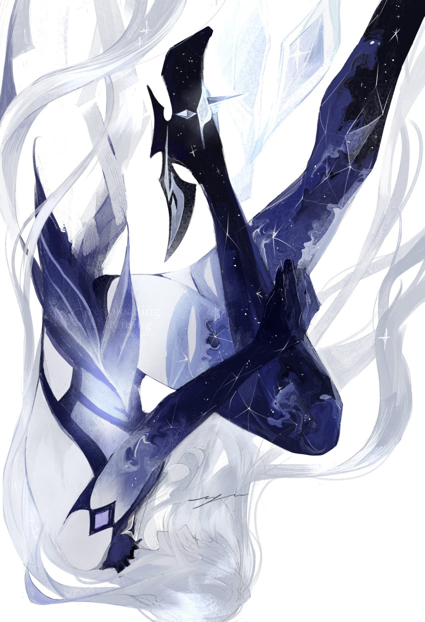 1girl, blue_hands, closed_eyes, co6_3g, falling, from_side, genshin_impact, gradient_thighhighs, grey_hair, high_heels, highres, long_hair, purple_hands, signature, simple_background, skirk_(genshin_impact), solo, space_skin, star_(sky), thighs, upside-down, very_long_hair, watermark, white_background